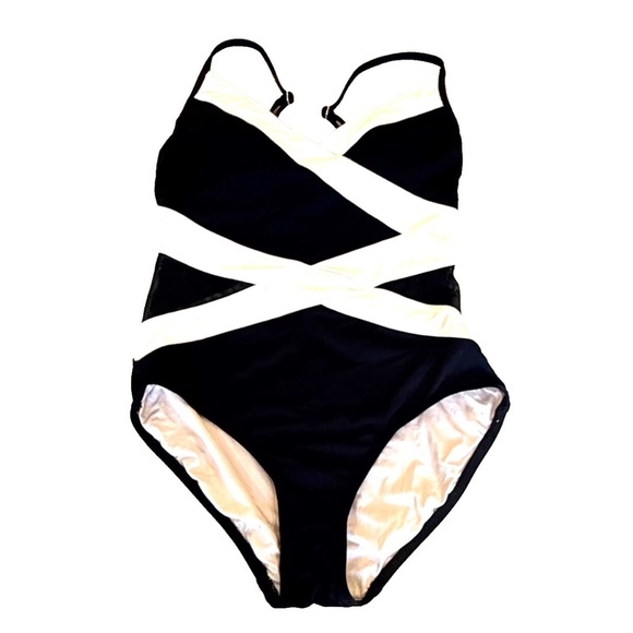 Anne Cole Ladies One-Piece Swimsuit; Black/White; Mesh Cut-Outs; Size 6 - Picture 1 of 6